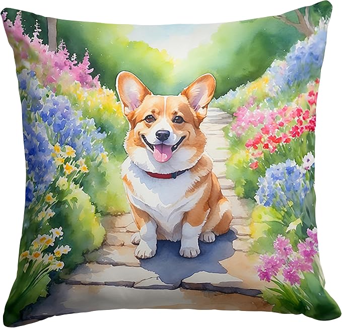 Caroline's Treasures Corgi Spring Path Throw Pillow Machine Washable, Indoor Outdoor Decorative Pillow for Couch, Bed or Patio, 14Hx14W