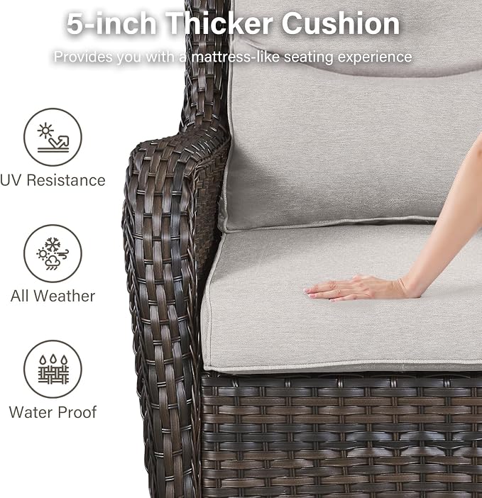 Outdoor Swivel Rocker Patio Chairs with 2 Ottomans - 5" Thick Cushion 5 Piece Furniture Set All Weather Wicker Conversation Set with Side Table for Porch Poolside and Deck - Brown/Beige