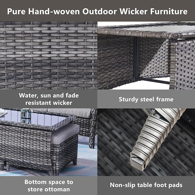 Belord Outdoor Coffee Table with Tempered Glass Top, Patio Rectangular Mixed Grey Wicker, Handwoven Rattan Coffee Table Compatible with Patio Furniture Sets for Porch Deck Backyard