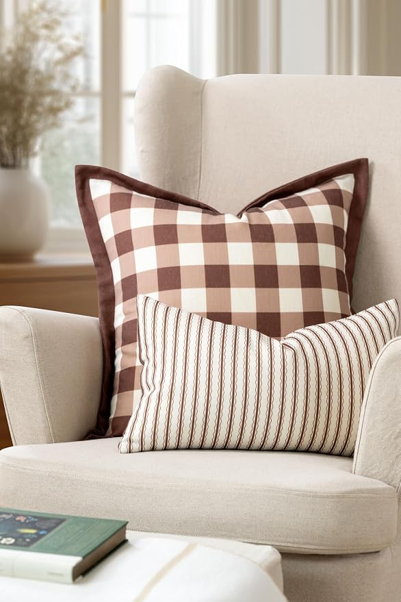 Modern Farmhouse California Casual Indoor Outdoor Lumbar Pillow Cover, 12"x20" Water Repellent for Patio, Backyard, Couch, Poolside, Cocoa Brown Print Wave Stripes