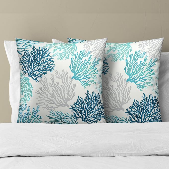Blue Teal Coral Pillow Covers Set of 2, 16x16 Inch Summer Marine Cotton Ocean Themed Square Pillow Case Soft Cushion Cover for Couch Sofa Living Room