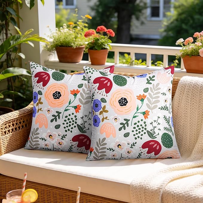 Pyonic Waterproof Outdoor Pillow Covers 18x18 Set of 2, Colorful Floral Decorative Cushion Covers for Patio Furniture, Garden, Balcony,Sunbrella， Boho Nordic Outdoor Indoor Home Decor