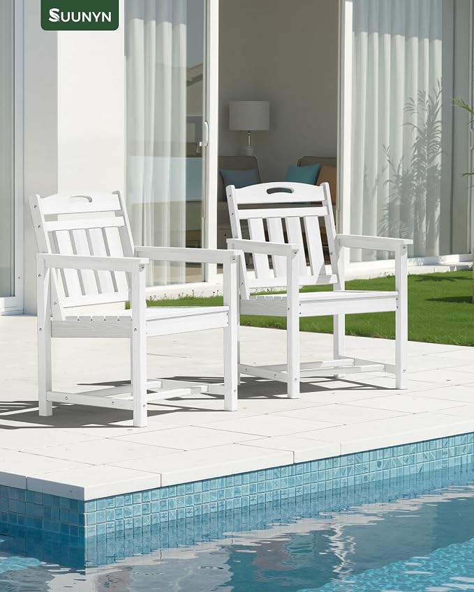 Patio Chairs Set of 2, HDPE Outdoor Dining Chairs with Wide Seat, All Weather Oversized Porch Chair for Garden, Backyard, Deck - White