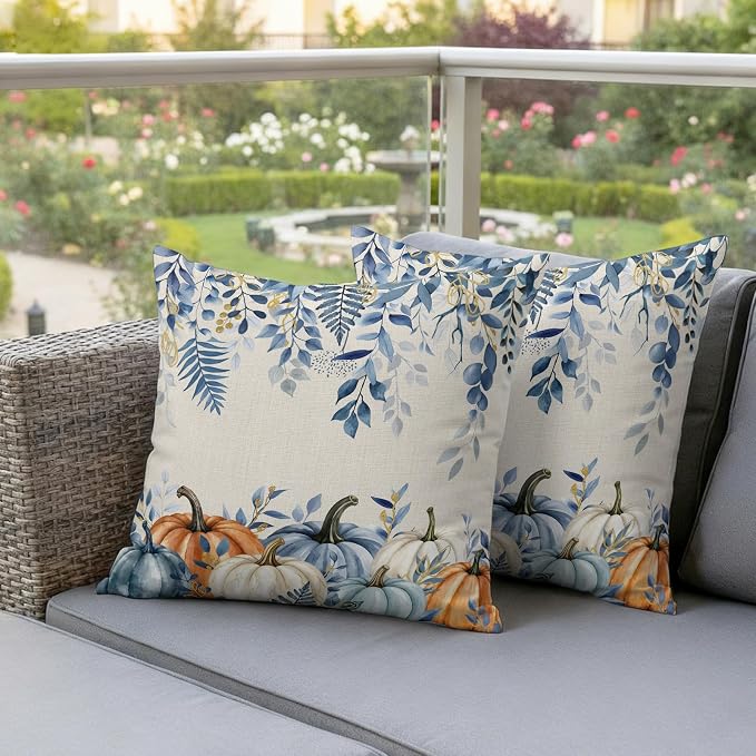 Orange Blue Fall Waterproof Outdoor Pillow Covers 24''x24'' Set of 2, Thanksgiving Eucalyptus Berry Leaves Patio Cushion Covers for Chairs, Decorative Pumpkin Beige Pillow Cases for Garden/Pool/Beach