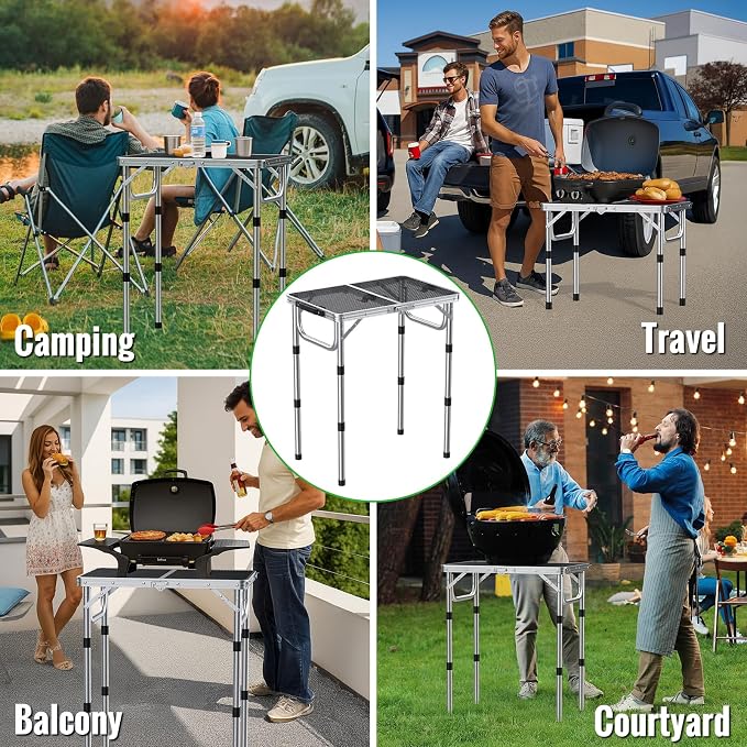 GARLLEN 2ft Folding Grill Table, 3 Adjustable Height Folding Camping Table with Heat-Resistant Mesh Tabletop, Portable Aluminum Picnic Tables for BBQ, Camping, Outdoor, 22.8" L x 15.7" W