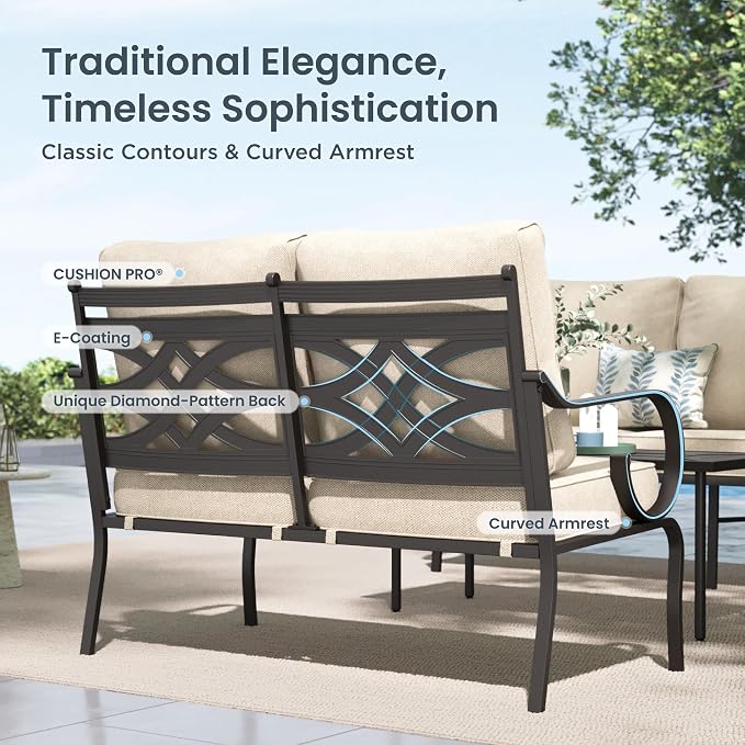 PHI VILLA Patio Furniture Set, 1 Loveseat, 3-Seater Sofa, 2 Swivel Chairs and a Coffee Table, Outdoor Metal Conversation Set with 5.75" Extra Thick Cushion for Garden Backyard Deck, Beige