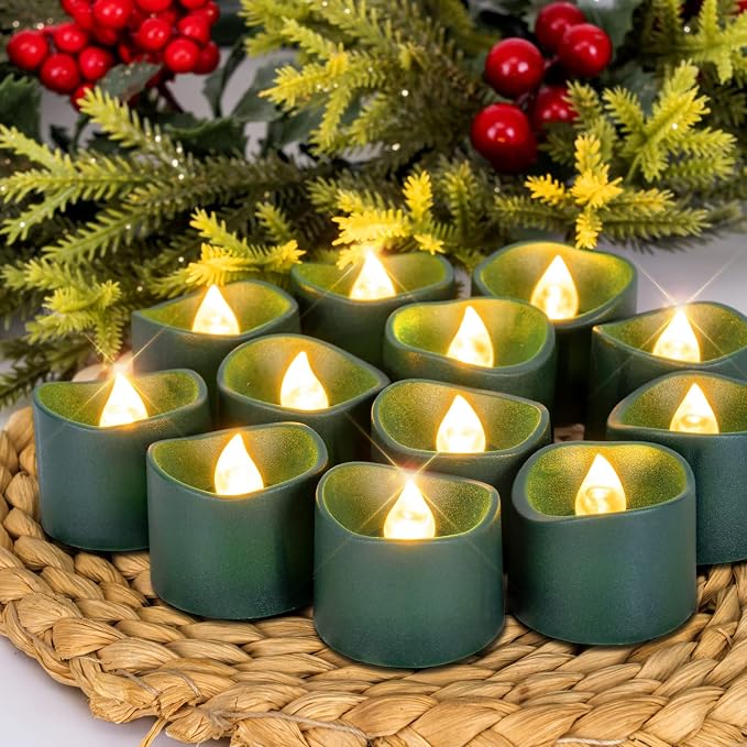 Homemory Green Tea Lights Candles Battery Operated, 200+Hour Flameless Flickering Fake Electric LED Colored Tealights for St. Patrick's Day, Christmas, Theme Party, Seasonal Celebrations, 12-Pack
