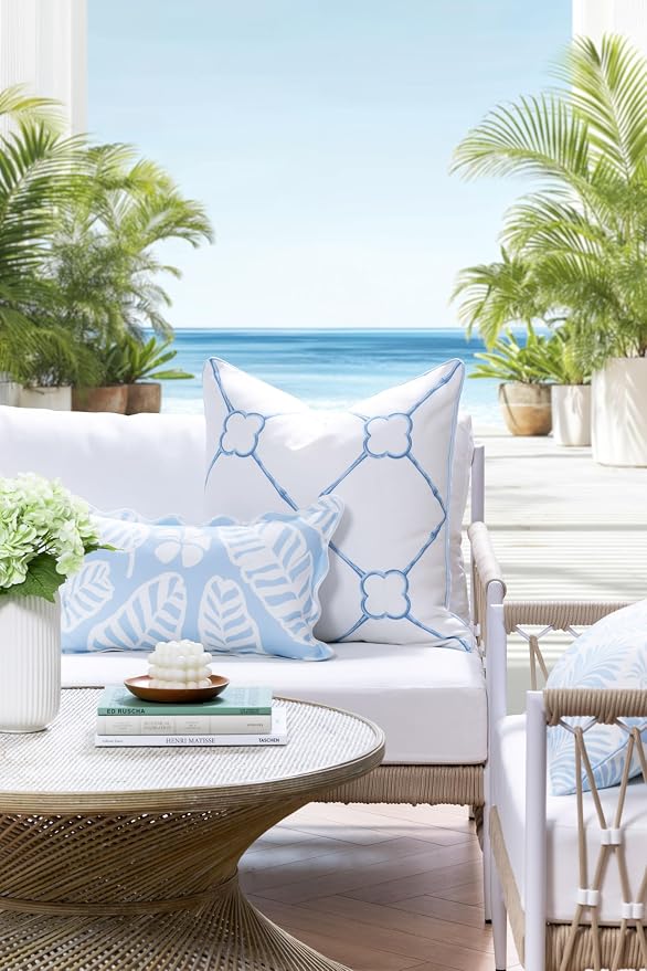 Hofdeco Premium Grandmillennial Coastal Hampton Patio Indoor Outdoor Lumbar Pillow Cover Only, 12"x20" Water Repellent for Backyard, Couch, Poolside, Baby Blue Print Palm Leaves and Hisbucs Flowers