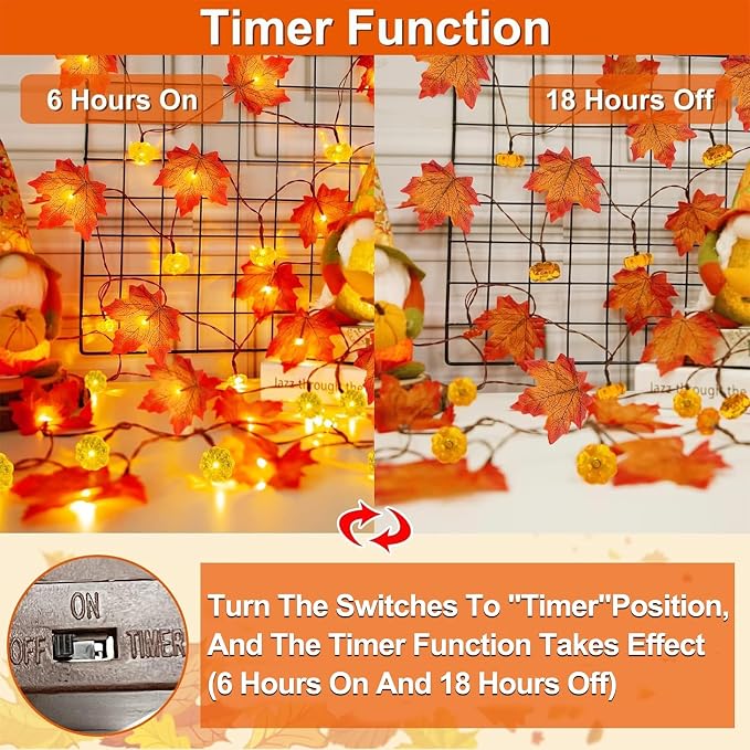 Timer&3 Pack Fall Decor Fall Garland with Pumpkin Lights 30Ft 60LED | Patented Realistic Maple Leaves Pumpkin Garland Battery Operated Fall Halloween Thanksgiving Decorations for Home Outdoor