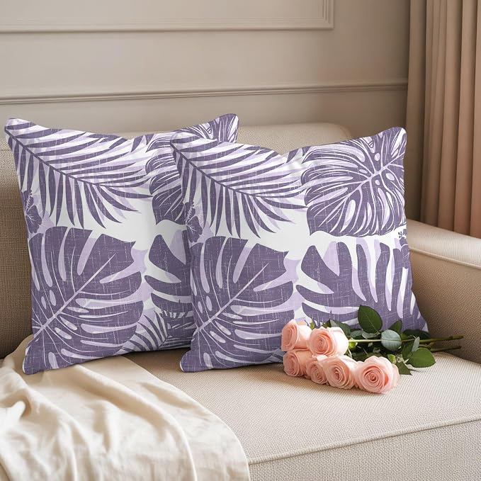 Purple Palm Leaves Outdoor Pillow Covers 26"x26" Set of 2, Tropical Botanical Minimalist Modern Waterproof Throw Pillow Covers for Patio Furniture, Decorative Cushion Covers for Porch