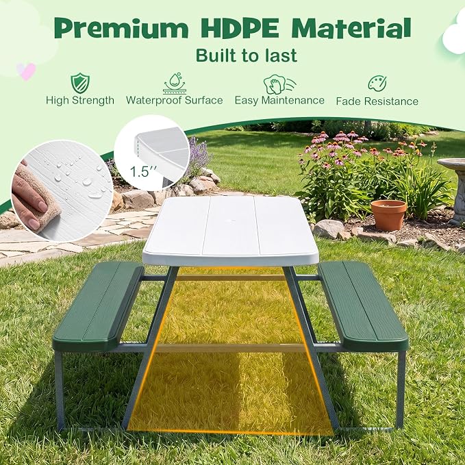 HONEY JOY Kids Picnic Table, 4 Person Toddler Outdoor Table and Chair Set, Built-in Benches, Removable Umbrella, Metal Frame & HDPE Top, Children Outdoor Furniture for Backyard Patio Garden (Green)