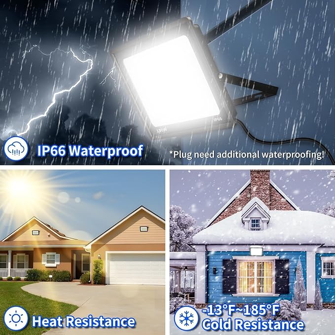 2 Pack 150W LED Flood Light, IP66 Waterproof | 24000LM, 5000K Daylight White, Plug in with 6ft Cord, Outdoor Exterior Lighting, for Yard, Garage, Patio, Backyard, Stadium