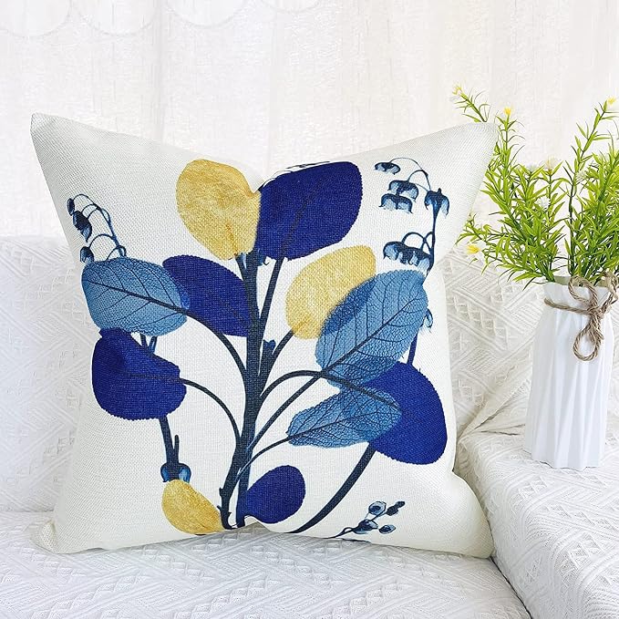 Outdoor Pillow Covers Navy Blue Leaves Waterproof Throw Pillows Case 18x18 inch Set of 4 Garden Patio Furniture for Home Sofa Decorative