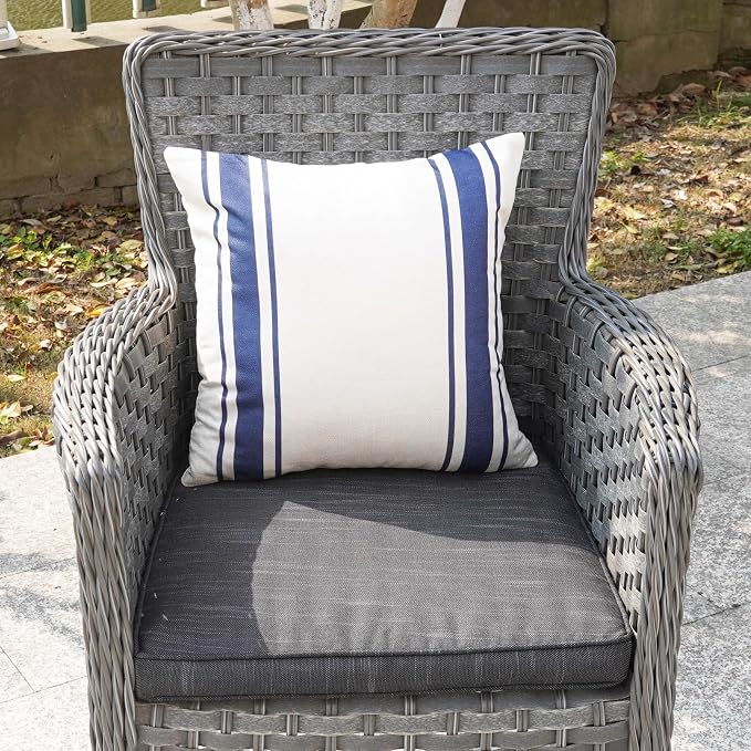 ONWAY Outdoor Pillow Covers Waterproof 16x16 Set of 2 Decorative Linen Throw Pillow Cover Beige and Navy Blue Striped Outdoor Pillows for Patio Furniture