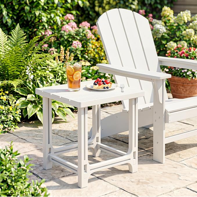 Tangkula Outdoor Adirondack Side Table Set of 2, 18" Heavy Duty HDPE Patio End Table with Slatted Surface, 0-Screw Assembly, Easy Maintenance, Small Side Table for Porch, Pool, Garden, Deck (White,2)