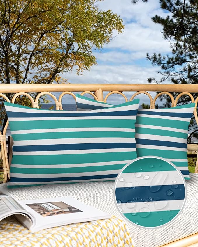 Outdoor Waterproof Lumbar Throw Pillow Covers Set of 2 Navy Blue Turquoise Stripes Decorative Outdoor Pillows Cushion Case 20x12 Inch Teal Striped Patio Pillows for Couch Sofa Bed Garden Home Decor