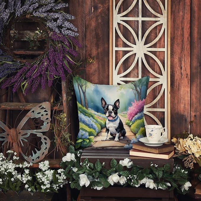 Caroline's Treasures Boston Terrier Spring Path Throw Pillow Machine Washable, Indoor Outdoor Decorative Pillow for Couch, Bed or Patio, 18Hx18W