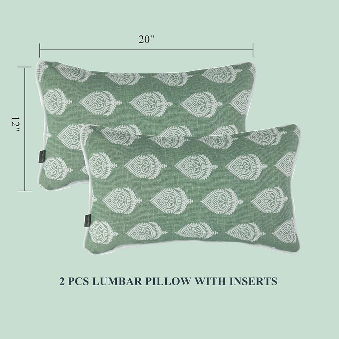FUNHOME Outdoor Lumbar Pillow with Insert 12x20 Inch Pack of 2-Fair Green | Outdoor Pillows for Patio Furniture, Water-Repellent, Decorative Garden Pillows for Home Patio Coach Sofa Use
