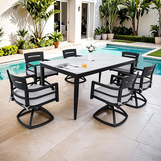 7PC Aluminum Outdoor Patio Dining Set, 71”Rectangular Dining Table with White Marble Pattern Sintered Stone Top and 6 Cushioned Swivel Rockers, All-Weather Patio Furniture
