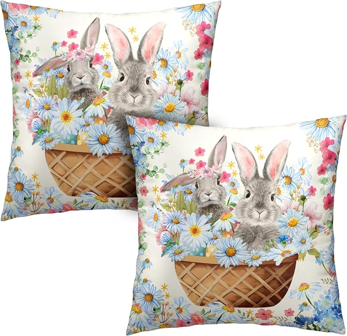 Easter Bunny Pillow Covers 24x24 Spring Rabbit Daisy Floral Throw Pillow Covers A Basket Filled with Lovely Bunny and Flowers Pillowcase Cushion Case for Sofa Patio Garden 2 Pack