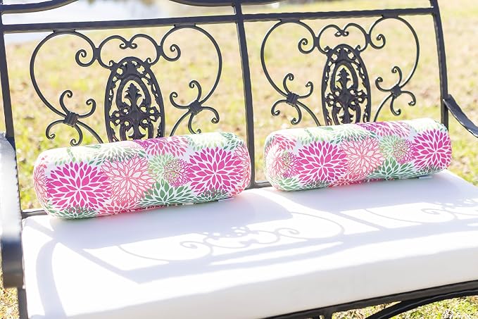 RSH DECOR: Neck Roll Bolster Pillows Set of 2 | 20” x 6" | All-Weather Spun Fabric | Water and Fade-Resistant | Outdoor Support Pillows for Patio Furniture | Floral Blooms Pink