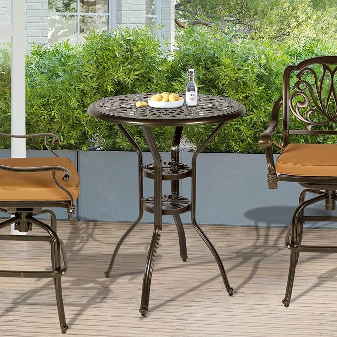Outdoor Cast Aluminum Bar Table, 31" Patio Bar Height Table with 2" Umbrella Hole, All Weather High Top Bistro Round Dining Table for Outside Deck Porch Balcony Poolside, Dark Bronze