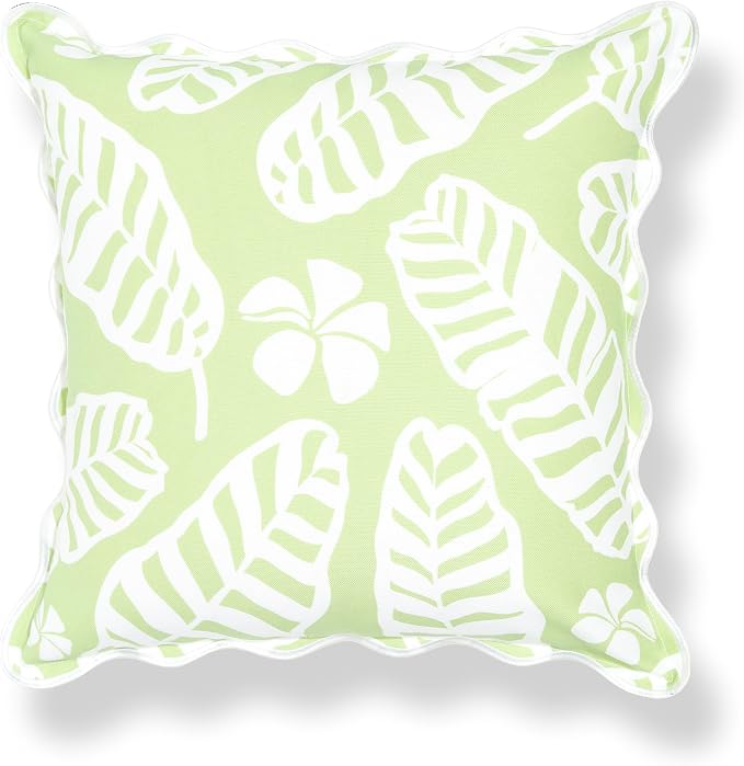 Hofdeco Premium Coastal Hampton Patio Indoor Outdoor Throw Pillow Cover Only, 20"x20" Water Repellent for Backyard, Couch, Poolside, Grass Green Print Palm Leaves and Hisbucs Flowers