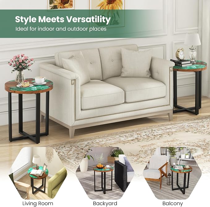 Giantex 20” Teak Wood Outdoor Side Table - Round End Table with Epoxy Resin Tabletop, Solid Live Edge, Mahogany Base, Rustic Sofa and Couch Table for Patio, Porch, Poolside, Living Room, Yard, Brown