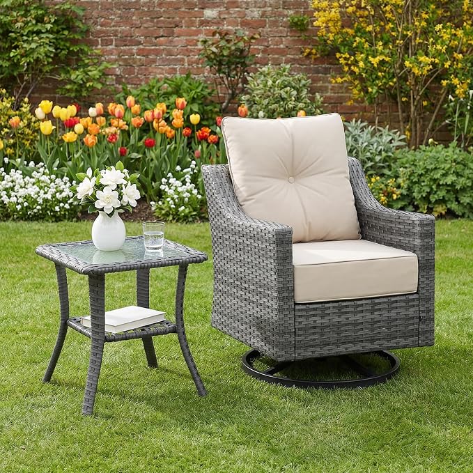 7 Piece Patio Furniture Set with 6" Thick Cushions, Weather-Resistant Wicker Swivel Rocker High Back Chairs and Fire Pit Table for Porch Yard Deck