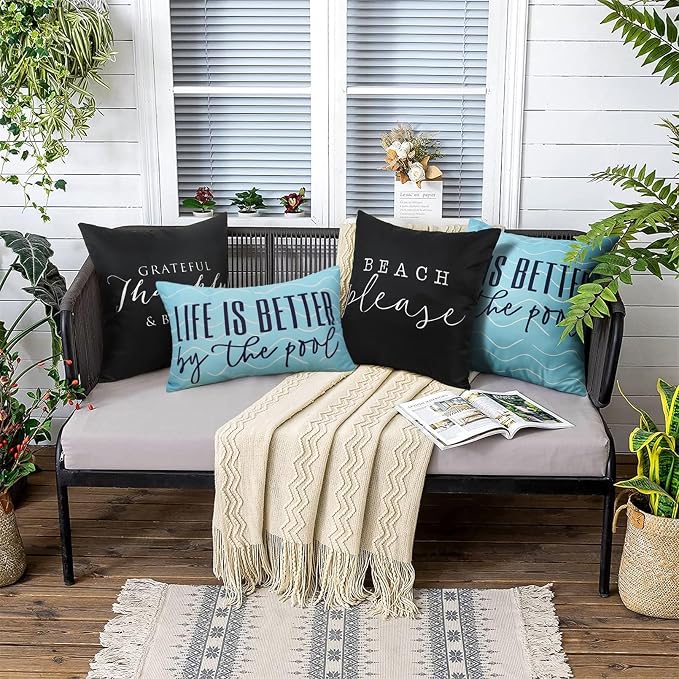 Adabana Outdoor Waterproof Lumbar Pillow Covers 12x20 Inch, Life is Better | Blue Decor Waterproof Pillow Cover Set of 2 for Patio, Porch, Garden Furniture,Life is Better by The Pool