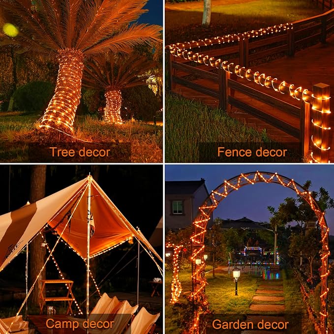 JMEXSUSS Orange Halloween Solar Lights, 66 ft 200 LED Rope Lights Outdoor Waterproof, PVC Tube Orange Christmas String Lights for Halloween Thanksgiving Fall Party Tree Fence Christmas (Pack of 2)