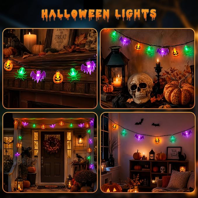 Mosoan [Timer] Halloween Lights 20Ft 30LED Battery Operated String Lights, Pumpkin Spider Bat Halloween Decorations Lights for Indoor Outdoor Party Home Yard Window Decor(Pumpkin Bat Spider)