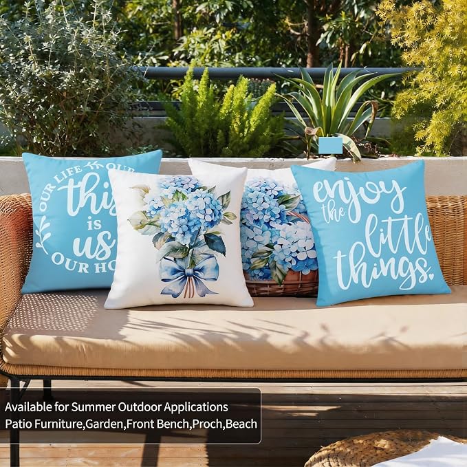 Outdoor Pillow Covers 18x18 Inch Set of 4 Waterproof Blue Hydrangea Summer Outdoor Pillows for Patio Furniture Garden Bench Porch Balcony,Light Blue