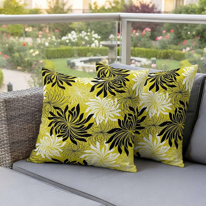 Yukro Yellow Black Floral Outdoor Waterproof Pillow Covers Pack of 2, Vintage Yellow White Black Flower Decorative Throw Pillowcases Cushion Covers for Garden Patio Tent Sofa Couch, 20x20 inch