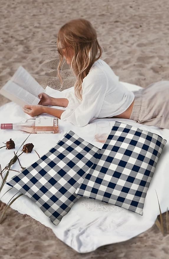 Outdoor Waterproof Throw Pillow Covers Set of 2 Buffalo Plaid Dark Blue Check Lumbar Pillowcases 20x12 Inches Farmhouse Style Patio Decorative Pillows Cushion Case Patio Pillows for Couch Bed Garden