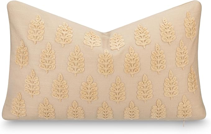 Crumbs Home Modern Farmhouse California Casual Indoor Outdoor Lumbar Pillow Cover, 12"x20" Water Repellent for Patio, Backyard, Couch, Poolside, Earth Tone Ivory Cream Tan Embroidered Leaves