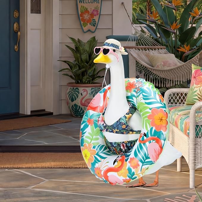 Hawaiian Porch Goose Outfits for 23 Inch Lawn Statue | Summer Bikini with Swim Ring Costume for Cement Statue, Tropical Sculpture Clothes for Swimming Pool Party Beach Decoration