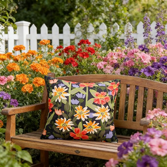 Pyonic Outdoor Pillows Covers Pack of 2 Spring Floral Waterproof Throw Pillow Covers 16X16 inch Outdoor Pillows for Patio Furniture Garden Square Outside Waterproof Pillow,Black