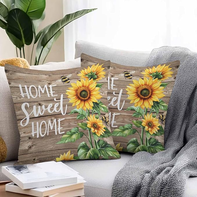Throw Pillow Covers 26x26 Inch Set of 2, Sunflower Brown Waterproof Outdoor Pillow Covers, Farmhouse Bee Country Wooden Grain Decorative Cushion Pillowcases for Couch, Sofa, Bed, Garden, Patio