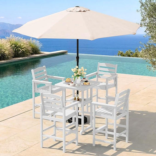 SERWALL Adirondack Bar Chairs and Table 5 Pieces Set with Umbrella, HDPE Bar Height Chairs Set of 2 and Bar Table with Ice Bucket, Outdoor Bar Stools Set for Balcony, Poolside, Backyard, White