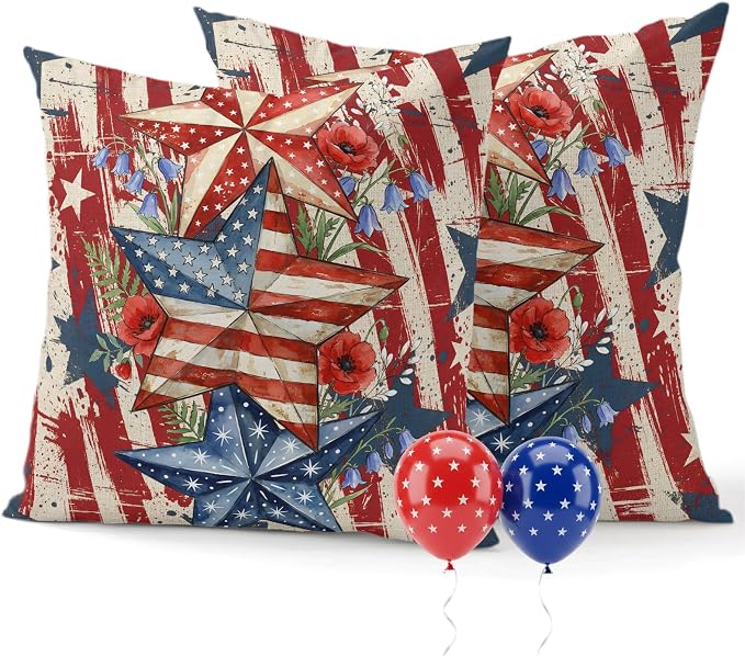 Independence Day Outdoor Pillow Covers 26"x26" Set of 2, Retro American Flag Star Red Flower Abstract Country Waterproof Throw Pillow Covers for Patio Furniture, Decorative Cushion Covers for Porch
