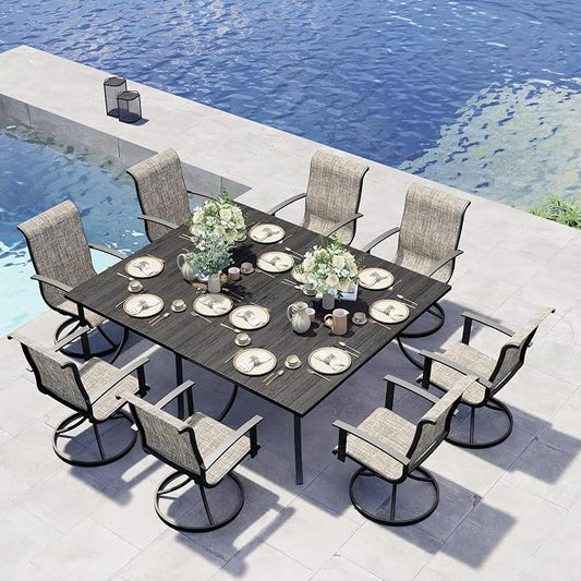 Grand patio 10-Piece Patio Dining Set for 8, Outdoor Dining Set with Swiviel Patio Chairs & 1 Rectangular Woodgrain Dining Table with Umbrella Hole, Mixed Coffee