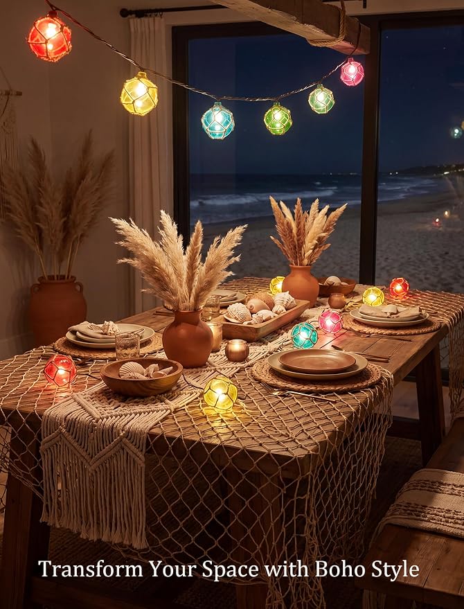 8.5 Ft 10L Multicolor Nautical Fishing Float String Lights Set of Fish Net | Waterproof，Plug in Beach Themed Buoy Lights for Indoor Party, Tiki Bar, Home, Camping Outdoor Patio Decorations