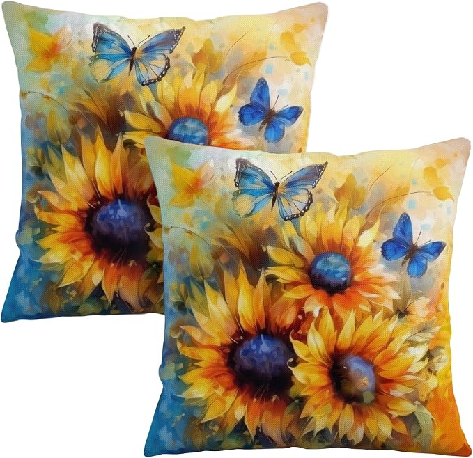 Oil Painting Sunflower Pillow Covers Sun Flower with Butterfly Throw Pillow Covers 24x24 Set of 2 Vintage Pillowcase Double Sided Printing Cushion Case for Home Decor Outdoor Sofa