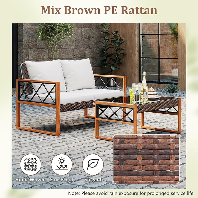HAPPYGRILL 2 Pieces Patio Furniture Set, PE Rattan Loveseat and Coffee Table Set with Cushions & Tempered Glass Tabletop, Acacia Wood Outdoor Conversation Set for Balcony, Backyard & Poolside