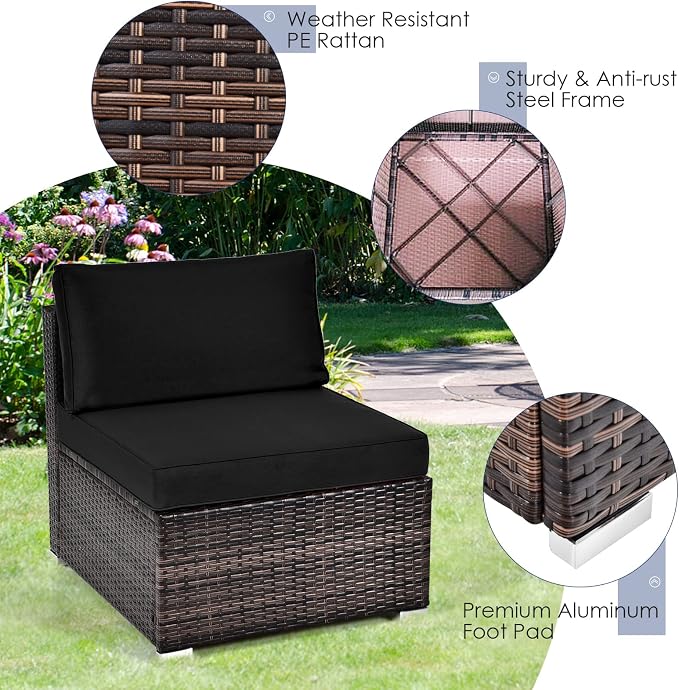 HAPPYGRILL 6 Pieces Outdoor Patio Furniture Set, PE Rattan Conversation Set with Tempered Glass Coffee Table and Cozy Cushions, Weather Resistant Sectional Sofa Set, Black