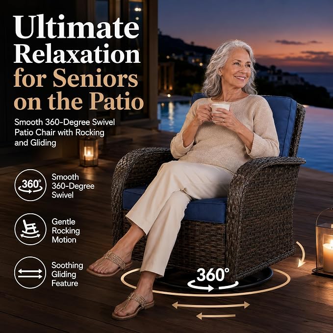 HUMMUH 5-Piece Wicker Swivel Rocker & Glider Set with Fire Pit, Brown/Blue | 50,000 BTU fire pit, powder-coated steel frame, UV-proof PE wicker, 360-degree swivel, 4-inch thick sponge cushions