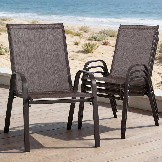 24.4" Wide Outdoor Stackable Chairs Set of 4, Stacking Patio Chairs with Textilene Fabric, Outside Furniture for Garden Backyard Balconie Poolside Deck, Brown