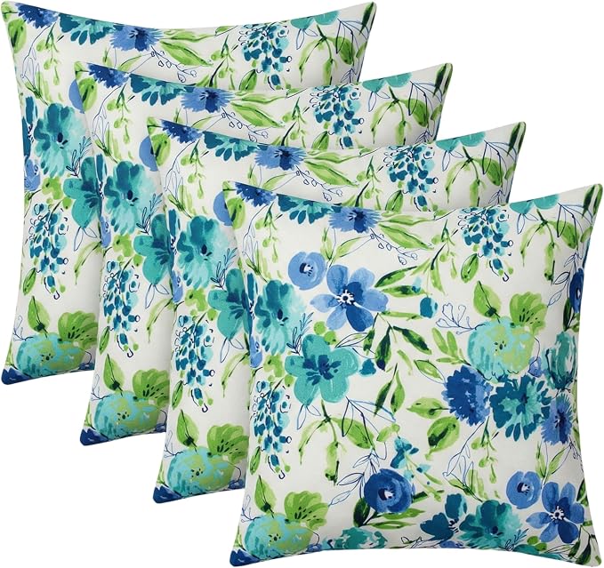 RSH DECOR Square Throw Pillows Set of 4, 20" x 20", Outdoor Pillows Waterproof, Outdoor Pillow Covers, Pillow Covers for Couch, Bettina Aqua, Made in USA