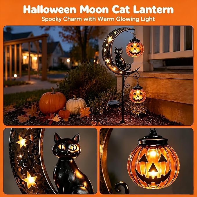 Solar Halloween Black Cat Garden Stake Light – Metal Crescent Moon & Pumpkin Lantern Yard Decor, Auto On/Off Waterproof LED Landscape Lighting for Patio Lawn Pathway (C)